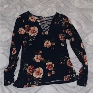 Long sleeve, navy blue, flower shirt.